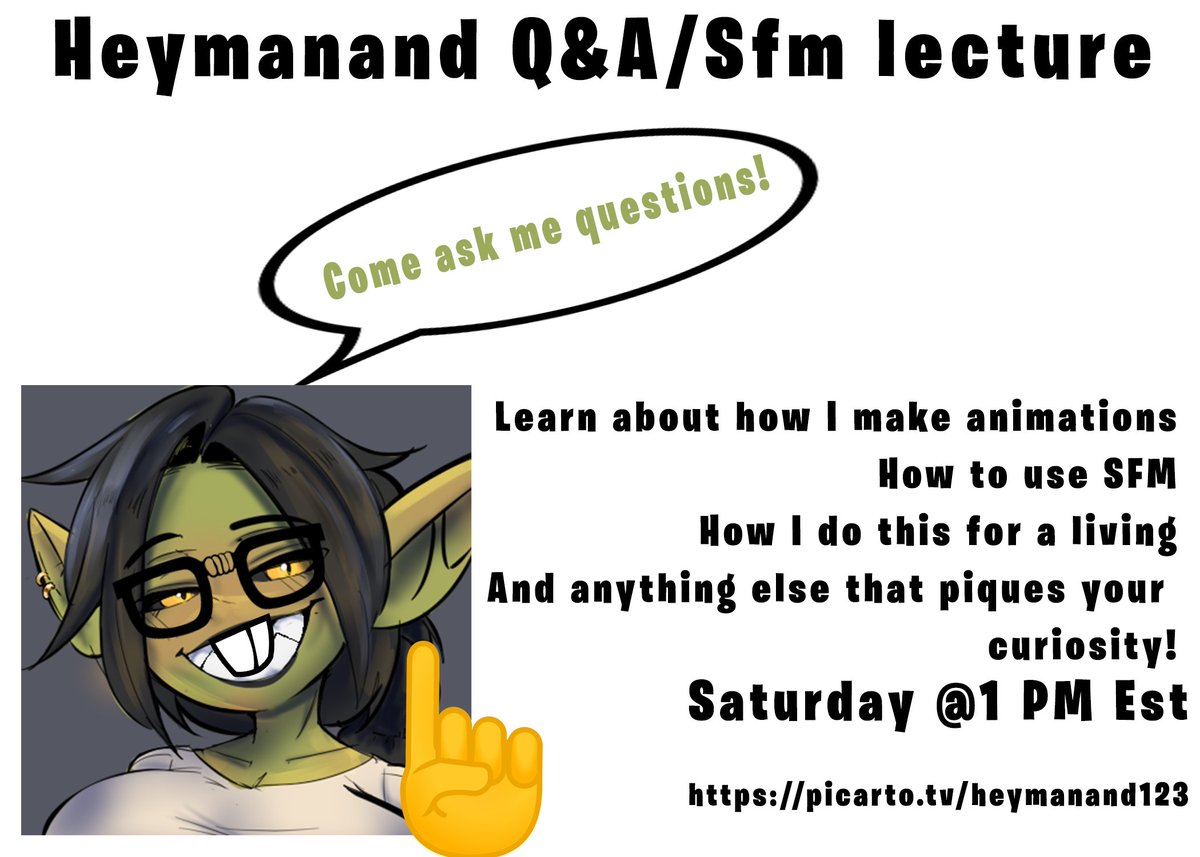 I get a lot of sfm and animation related questions from people about how to make stuff, so I figured tomorrow I could do a little Q&amp;A on picarto! I'll be answering questions for a few hours and I'll make another post tomorrow when it's live!