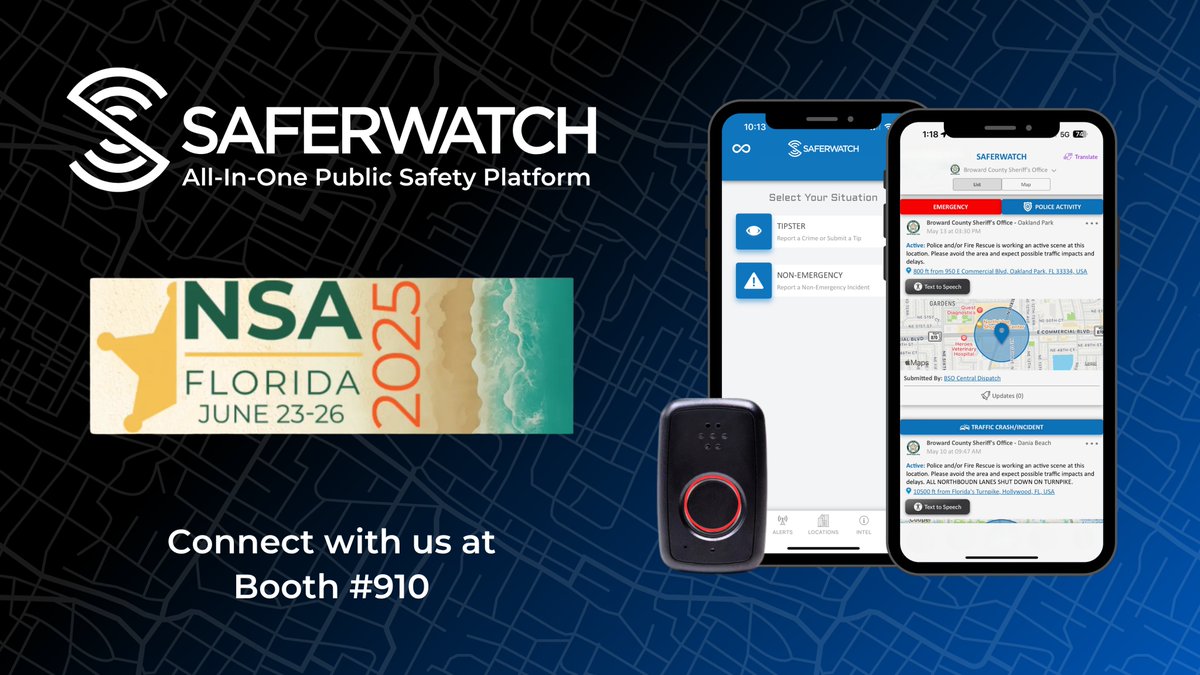 SaferWatchApp's tweet image. SaferWatch is excited to be attending the National Sheriffs' Association 2025 Annual Conference in Fort Lauderdale, Florida from June 23–26!
We're proud to support law enforcement leaders across the country with real-time emergency alerts, anonymous tip reporting, LTE panic…