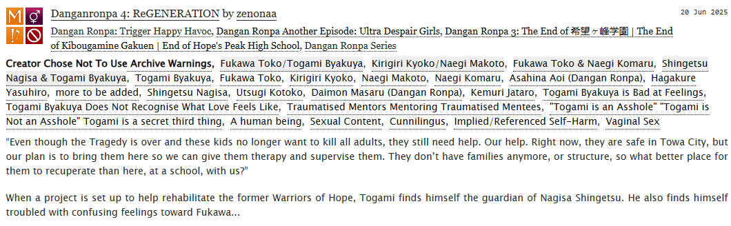 zenonaaa's tweet image. #togafuka fic 💜💚SFW chapter 

Chapter 5! When a project is set up to help rehabilitate the former Warriors of Hope, Togami finds himself the guardian of Nagisa Shingetsu.

ao3: archiveofourown.org/works/64937485…
tumblr: zenonaa.tumblr.com/post/786898922…