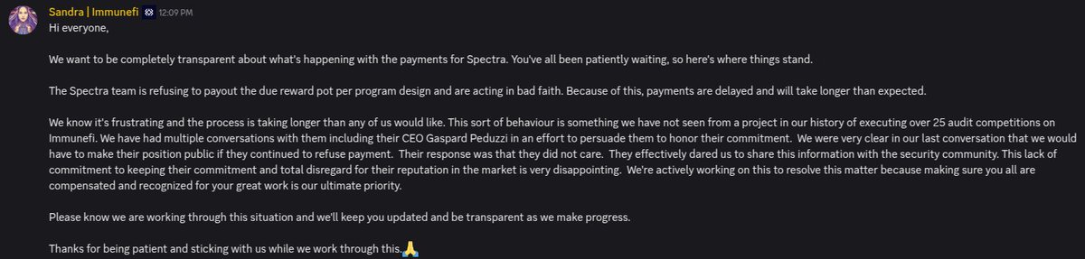 So <a href="/spectra_finance/">Spectra</a> ran an audit competition on <a href="/immunefi/">Immunefi</a> and simply decided to not pay up. This is nuts 

discord.com/channels/78709…