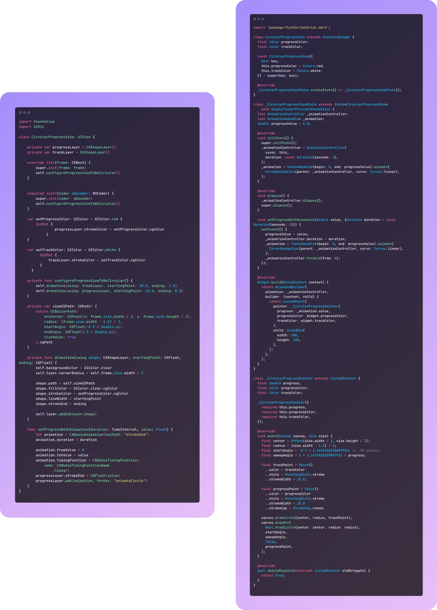 TahaTesser's tweet image. While reading an article on creating a circular progress indicator in #UIKit, I also created a comparison in #Flutter

As always, non-Flutter codebases often require less code to achieve the same results, but in the age of vibe coding, it doesn&apos;t really matter.