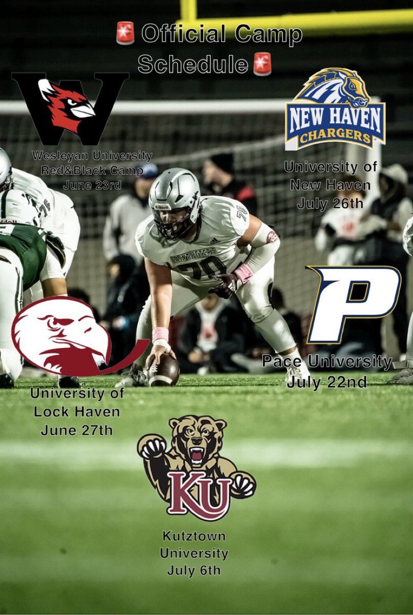Stephen Rossilli (@stephenrossilli) on Twitter photo π¨Official Camp Scheduleπ¨
June 23rd <a href="/Wes_Football/">Wesleyan University Football</a>
June 27th <a href="/LHU_Football/">Lock Haven Football</a>
July 6th <a href="/KUBearsFootball/">Kutztown Football π»</a>
July 22nd <a href="/PaceUFootball/">PaceUFootball</a>
July 26th <a href="/UNewHavenFB/">New Haven Football</a>
<a href="/SPPFootball/">St. Peter's Football π΄ββ οΈ</a>
<a href="/CoachRichHansen/">Rich Hansen π΄ββ οΈ</a>
<a href="/SeanBarowski_/">Sean Barowski Jr</a>
<a href="/joeRteacher/">Joe Rotondi</a>
<a href="/P2_Bar/">David Pinto</a>
<a href="/CoachOFlaherty/">Ryan O'Flaherty</a>
<a href="/nextlvlculture/">Next Level Culture</a>
<a href="/GoMVB/">GoMVB Sports - Recruit Content for College Coaches</a> π¨Official Camp Scheduleπ¨
June 23rd <a href="/Wes_Football/">Wesleyan University Football</a>
June 27th <a href="/LHU_Football/">Lock Haven Football</a>
July 6th <a href="/KUBearsFootball/">Kutztown Football π»</a>
July 22nd <a href="/PaceUFootball/">PaceUFootball</a>
July 26th <a href="/UNewHavenFB/">New Haven Football</a>
<a href="/SPPFootball/">St. Peter's Football π΄ββ οΈ</a>
<a href="/CoachRichHansen/">Rich Hansen π΄ββ οΈ</a>
<a href="/SeanBarowski_/">Sean Barowski Jr</a>
<a href="/joeRteacher/">Joe Rotondi</a>
<a href="/P2_Bar/">David Pinto</a>
<a href="/CoachOFlaherty/">Ryan O'Flaherty</a>
<a href="/nextlvlculture/">Next Level Culture</a>
<a href="/GoMVB/">GoMVB Sports - Recruit Content for College Coaches</a>