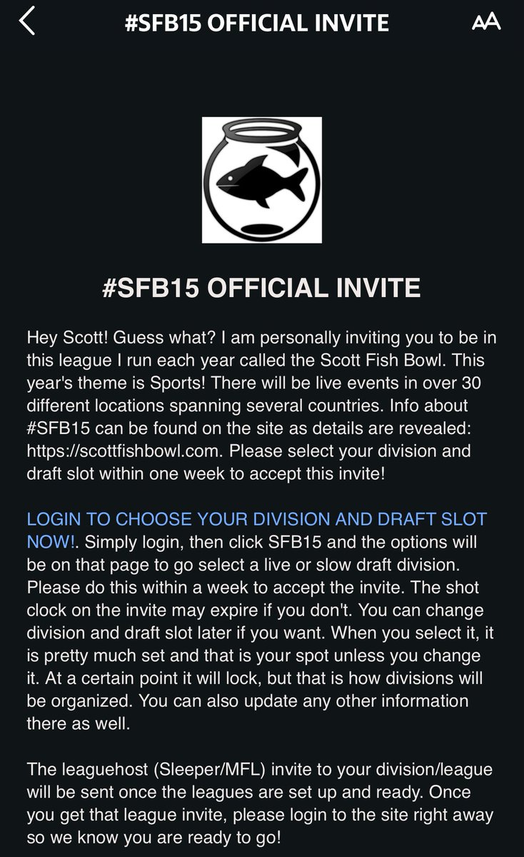Best day of the fantasy football year as an invite from #SFB15 just arrived! Looking forward to meeting some great new people and helping raise money and awareness for <a href="/FantasyCaresOrg/">Fantasy Cares #fantasycares</a>. Thanks <a href="/ScottFish24/">Scott Fish</a>!