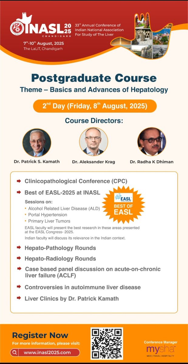 INASL_Liver's tweet image. INASL-2025
7th - 10th August, 2025
Chandigarh
Postgraduate Course - 8th August (Friday)