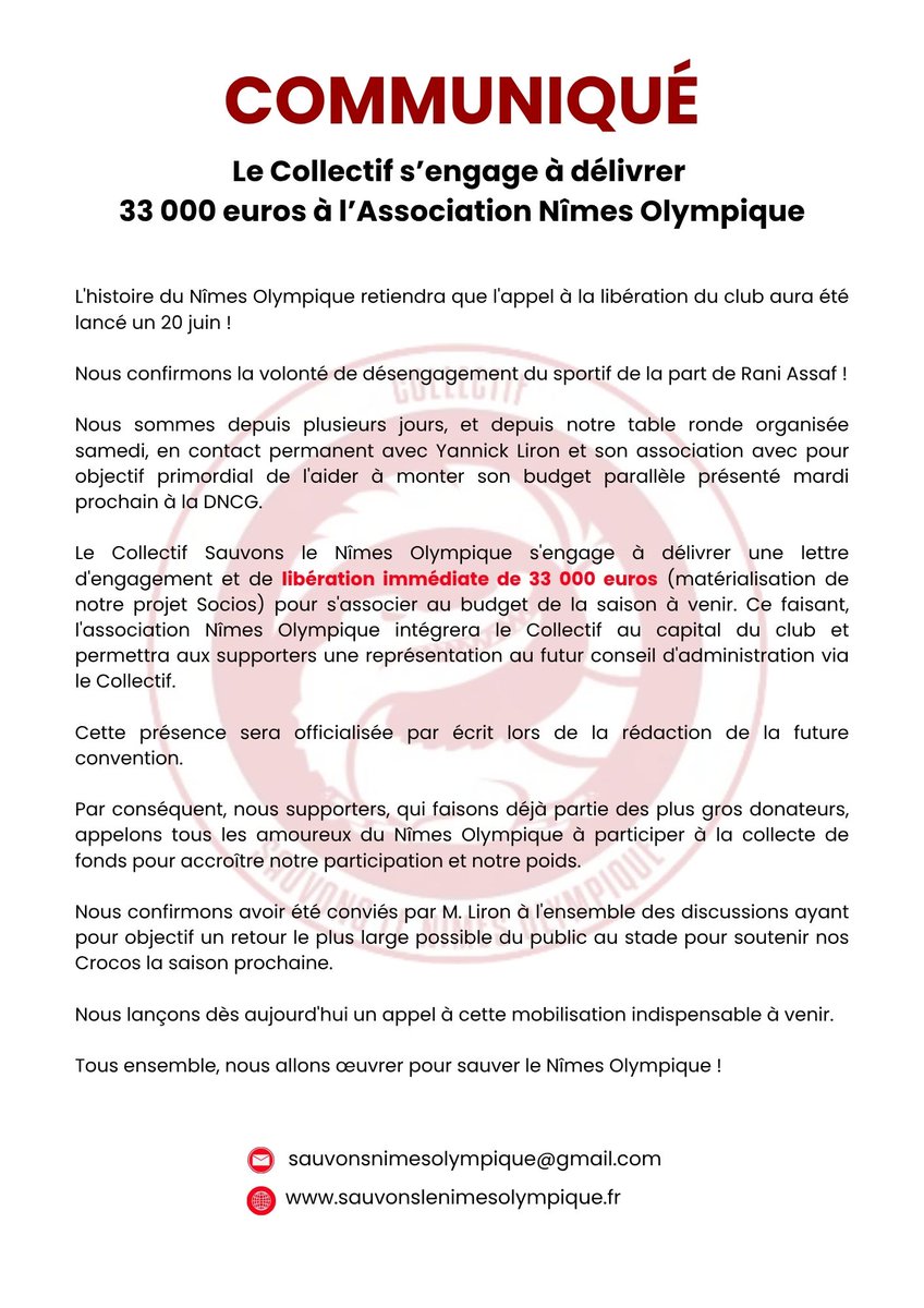 🚨 COMMUNIQUÉ DU COLLECTIF SAUVONS LE NÎMES OLYMPIQUE 🚨