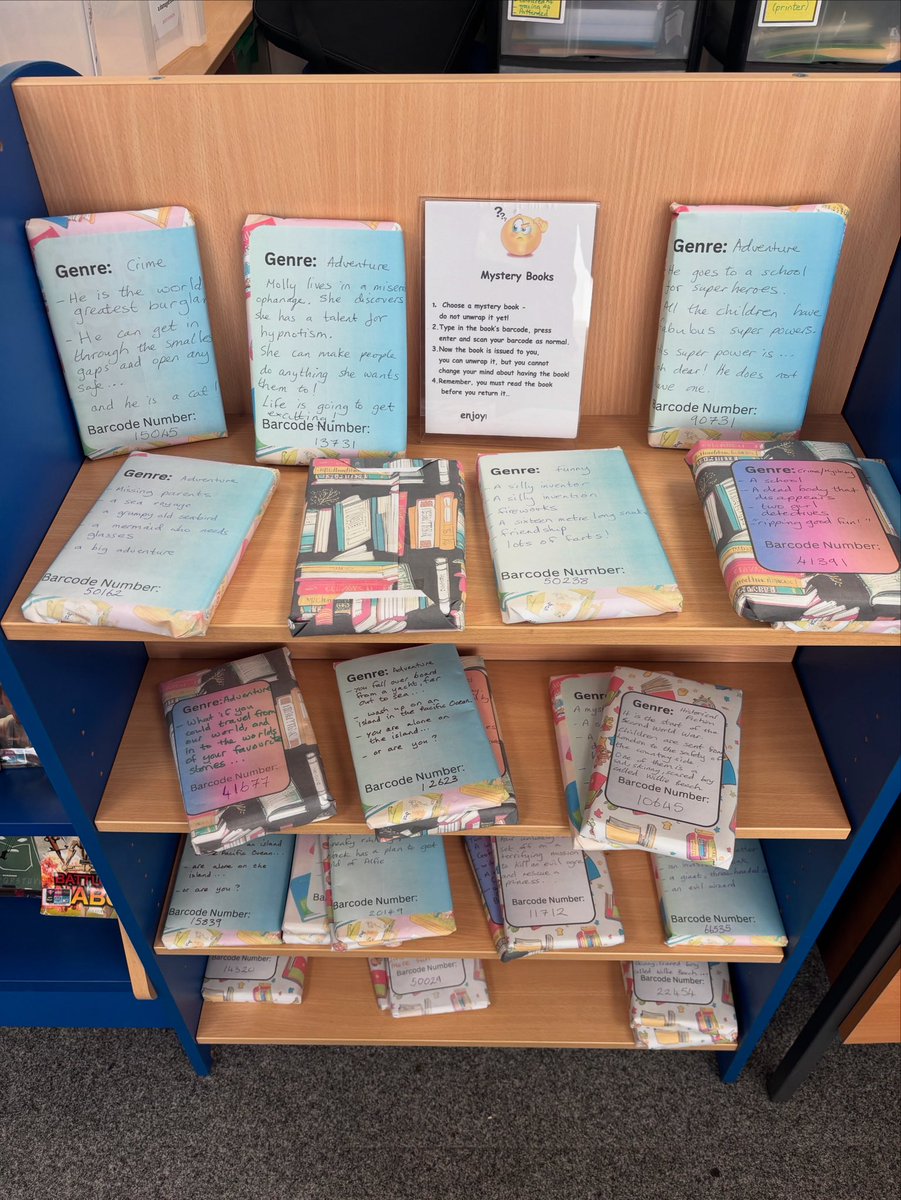 Our school librarian has wrapped up these books to encourage children to find their genre… children were very excited!