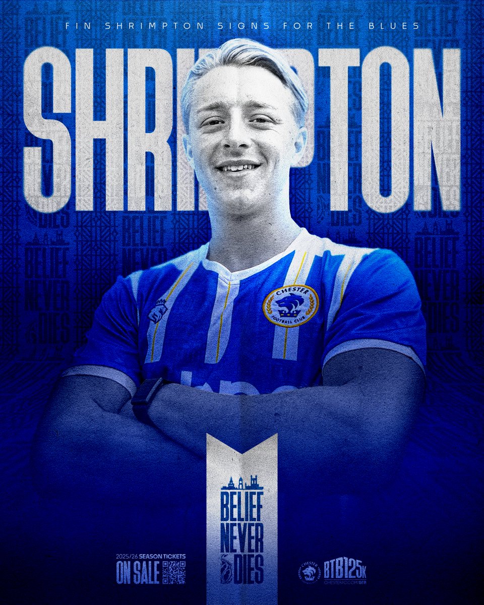 Chester FC (@chesterfc) on Twitter photo 🖊️ Chester FC are delighted to announce the signing of 22-year-old midfielder Fin Shrimpton!
#BeliefNeverDies 💙 🖊️ Chester FC are delighted to announce the signing of 22-year-old midfielder Fin Shrimpton!
#BeliefNeverDies 💙