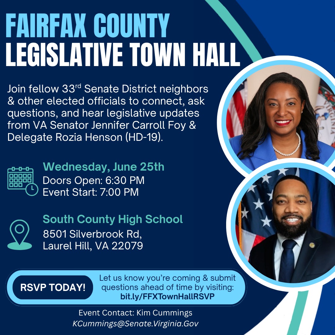 Sen. Jennifer Carroll Foy (@jcarrollfoy) on Twitter photo Join me and <a href="/Henson4Virginia/">Delegate Rozia A. Henson Jr</a> for a town hall event with Fairfax County residents as we discuss legislative updates from this past General Assembly session.
Register and share questions below! ⬇️📷bit.ly/FFXTownHallRSVP Join me and <a href="/Henson4Virginia/">Delegate Rozia A. Henson Jr</a> for a town hall event with Fairfax County residents as we discuss legislative updates from this past General Assembly session.
Register and share questions below! ⬇️📷bit.ly/FFXTownHallRSVP