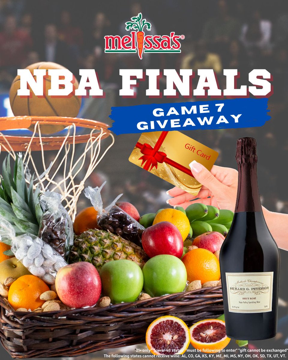 🚨 #NBAFINALS GAME 7 IS TONIGHT! 🚨

Enter below for a chance to win a #MelissasProduce gift basket + a bottle of bubbly + gift card 🏆🎁🍍🍾⬇️

🏀 Like &amp; share this post
🏀 Predict the champion (<a href="/okcthunder/">OKC THUNDER</a> or <a href="/Pacers/">Indiana Pacers</a>) and the Finals MVP 
🏀 Tag a friend!

#YesCers #ThunderUp
