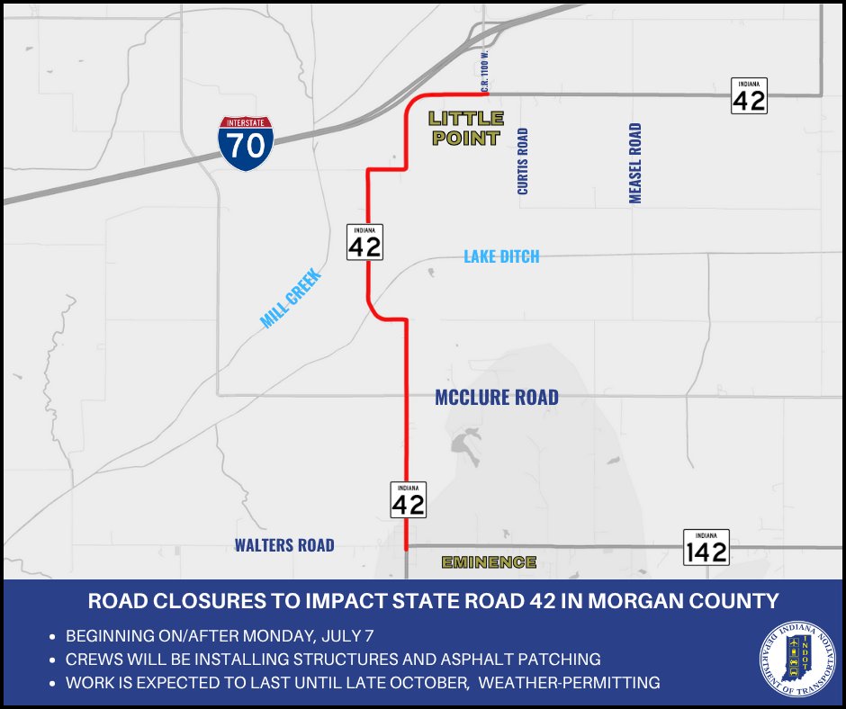 A series of closures on State Road 42 will impact traffic between Little Point and Eminence, beginning on or after Monday, July 7. ❌⛔️

For more information, visit: bit.ly/4lfVLgD