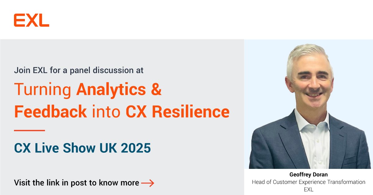 Heading to 𝗖𝗫 𝗟𝗶𝘃𝗲 𝗦𝗵𝗼𝘄 𝗨𝗞 𝟮𝟬𝟮𝟱? Don’t miss EXL’s 𝗽𝗮𝗻𝗲𝗹 𝗱𝗶𝘀𝗰𝘂𝘀𝘀𝗶𝗼𝗻 on July 1 (10:10 AM)! 
Topic: Amplifying CX with data &amp; analytics  
Speaker: Geoffrey Doran, CX Transformation Leader  
Learn More: bit.ly/4laWobj
#CXLiveUK2025 #AI