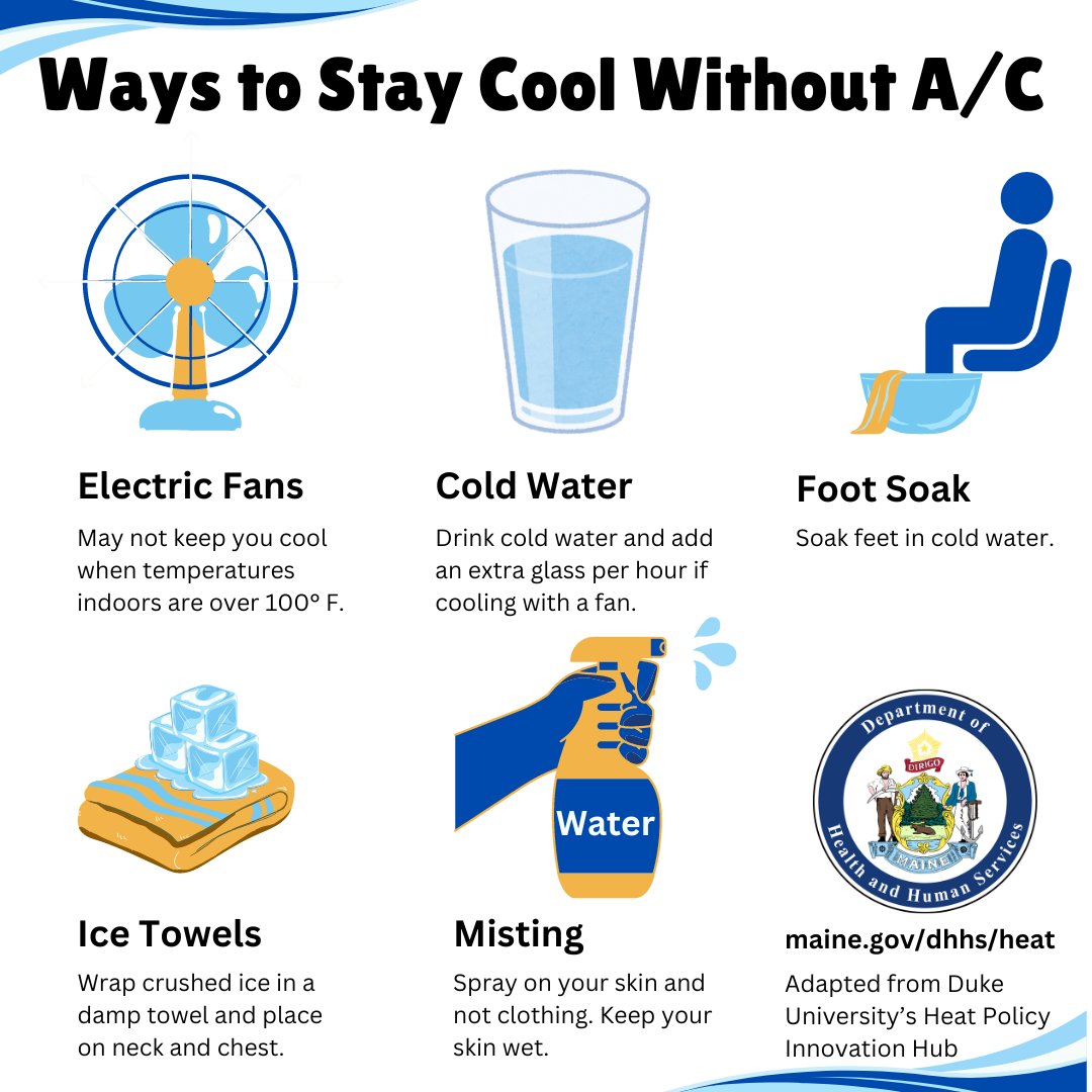 MEPublicHealth's tweet image. With high temperatures and humidity across the state, find ways to #BeatTheHeat without A/C! maine.gov/dhhs/heat