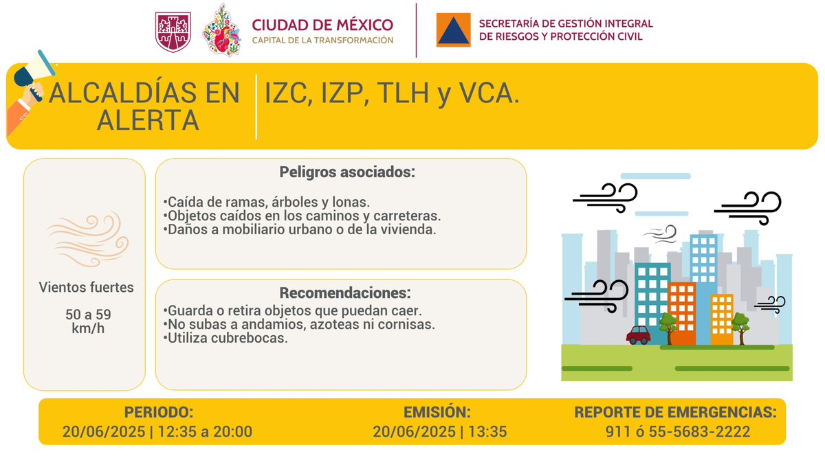 ClaraBrugadaM's tweet photo. Les informo que se activa #AlertaAmarilla por vientos fuertes en la Ciudad de México. Hoy se prevén rachas de viento intensas en las alcaldías Iztacalco, Iztapalapa, Tláhuac y Venustiano Carranza.

Les pido mantenerse informadas e informados por medio de @SGIRPC_CDMX sobre las actualizaciones que se den durante el resto del día. 

Recuerden que su seguridad es primordial.
#LaPrevenciónEsNuestraFuerza