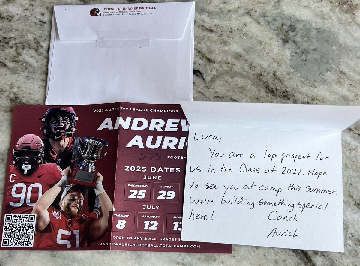 Luca Lentini (@luca_5lentini) on Twitter photo Big thank you to Harvard Football and <a href="/Coach_Aurich/">Andrew Aurich</a> for the handwritten letter-naming me a top prospect.
Honored to be recognized by such an elite academic and athletic institution. Looking forward to camp! <a href="/CoachMHendricks/">Mark Hendricks</a> <a href="/Coach_Joel_Lamb/">Joel Lamb</a> <a href="/MicFein/">Mickey Fein</a> <a href="/coach_craw/">Ryan Crawford</a> <a href="/Ryan_Kalukin/">Ryan Kalukin</a> Big thank you to Harvard Football and <a href="/Coach_Aurich/">Andrew Aurich</a> for the handwritten letter-naming me a top prospect.
Honored to be recognized by such an elite academic and athletic institution. Looking forward to camp! <a href="/CoachMHendricks/">Mark Hendricks</a> <a href="/Coach_Joel_Lamb/">Joel Lamb</a> <a href="/MicFein/">Mickey Fein</a> <a href="/coach_craw/">Ryan Crawford</a> <a href="/Ryan_Kalukin/">Ryan Kalukin</a>