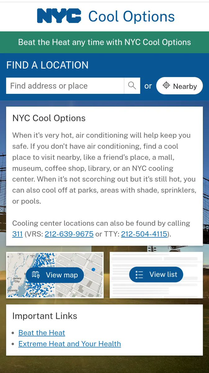 New York City is currently under a heat advisory for Sunday (June 22, 2025) through Thursday (June 26, 2025) at 9pm. Beat the heat with NYC Cool Options. finder.nyc.gov/coolingcenters. For more info: nyc.gov/site/em/ready/…