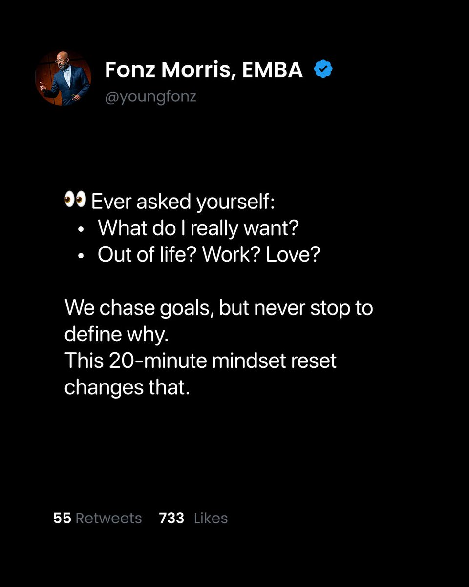 youngfonz's tweet image. 🔥 Do this 2x a year.
Act like you already have it, and move accordingly.
This is how you build from abundance.
Tag someone who needs this clarity. Let’s grow.