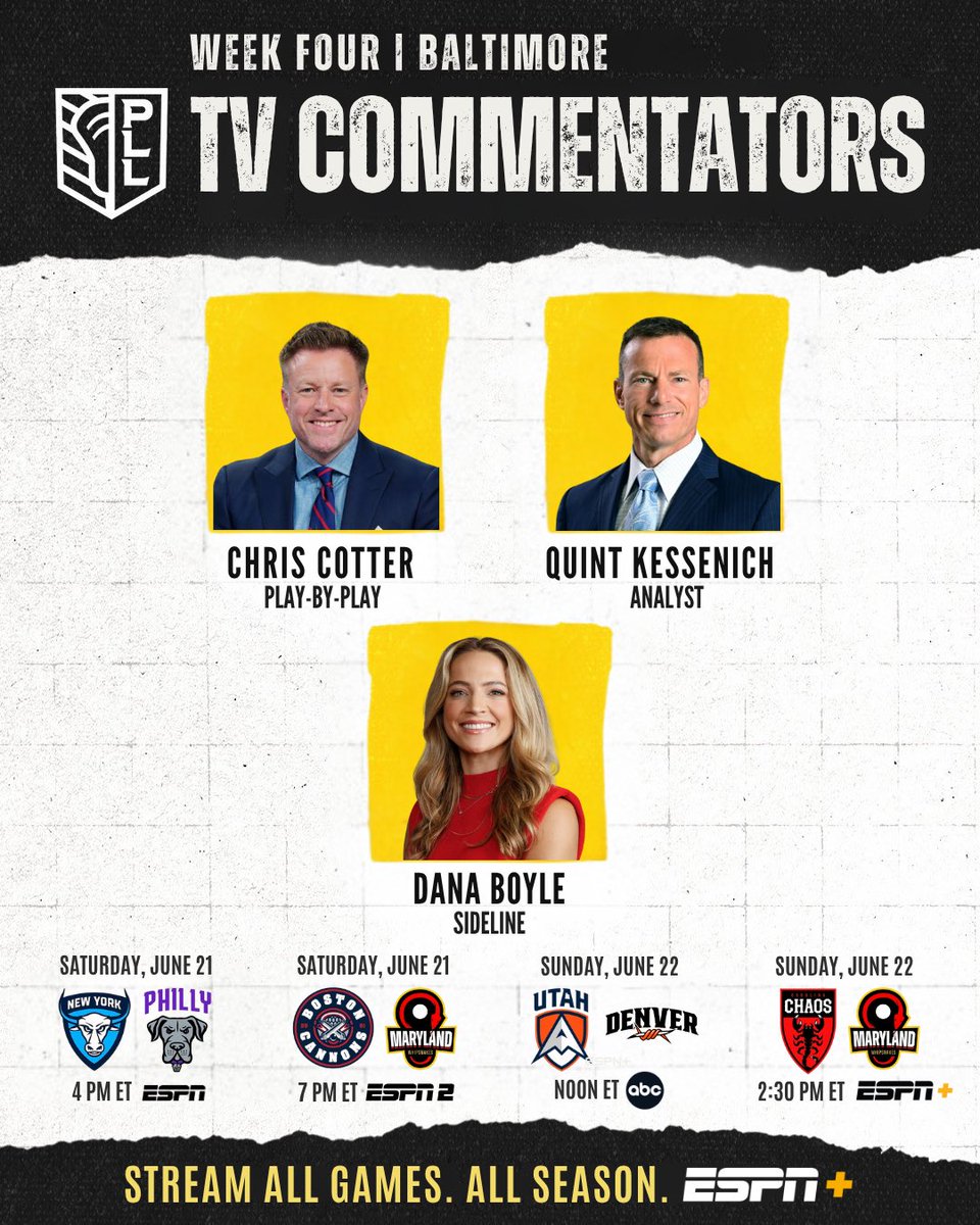 ESPN PR (@espnpr) on Twitter photo Starting Saturday, ESPN presents Week Four of <a href="/PremierLacrosse/">Premier Lacrosse League</a> action
📍 Baltimore
🎙️ Chris Cotter, <a href="/QKessenich/">Quint Kessenich</a>, <a href="/danaboyle_/">Dana Boyle</a>
📺 ABC, ESPN, ESPN2, ESPN+
Stream every game, all season on ESPN+: bit.ly/4kAhDDk Starting Saturday, ESPN presents Week Four of <a href="/PremierLacrosse/">Premier Lacrosse League</a> action
📍 Baltimore
🎙️ Chris Cotter, <a href="/QKessenich/">Quint Kessenich</a>, <a href="/danaboyle_/">Dana Boyle</a>
📺 ABC, ESPN, ESPN2, ESPN+
Stream every game, all season on ESPN+: bit.ly/4kAhDDk