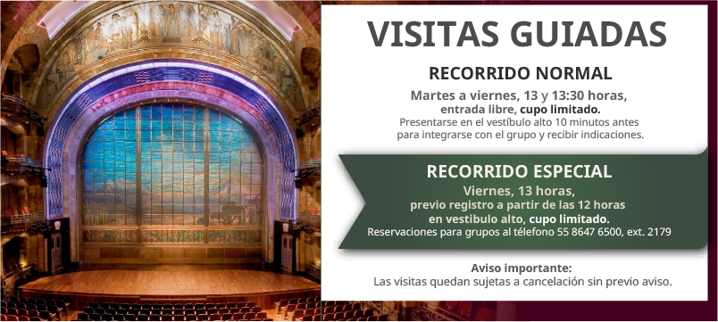 #90AniversarioPBA 
¡Recorrido especial en Palacio de Bellas Artes! Disfruta de una visita guiada con un toque especial y conoce todo lo que hay detrás de la escenario. 🤭 Te esperamos todos los viernes a las 13 h.  

👉Registro desde 12 h en el Vestíbulo Bajo.  
🎟️ #EntradaLibre