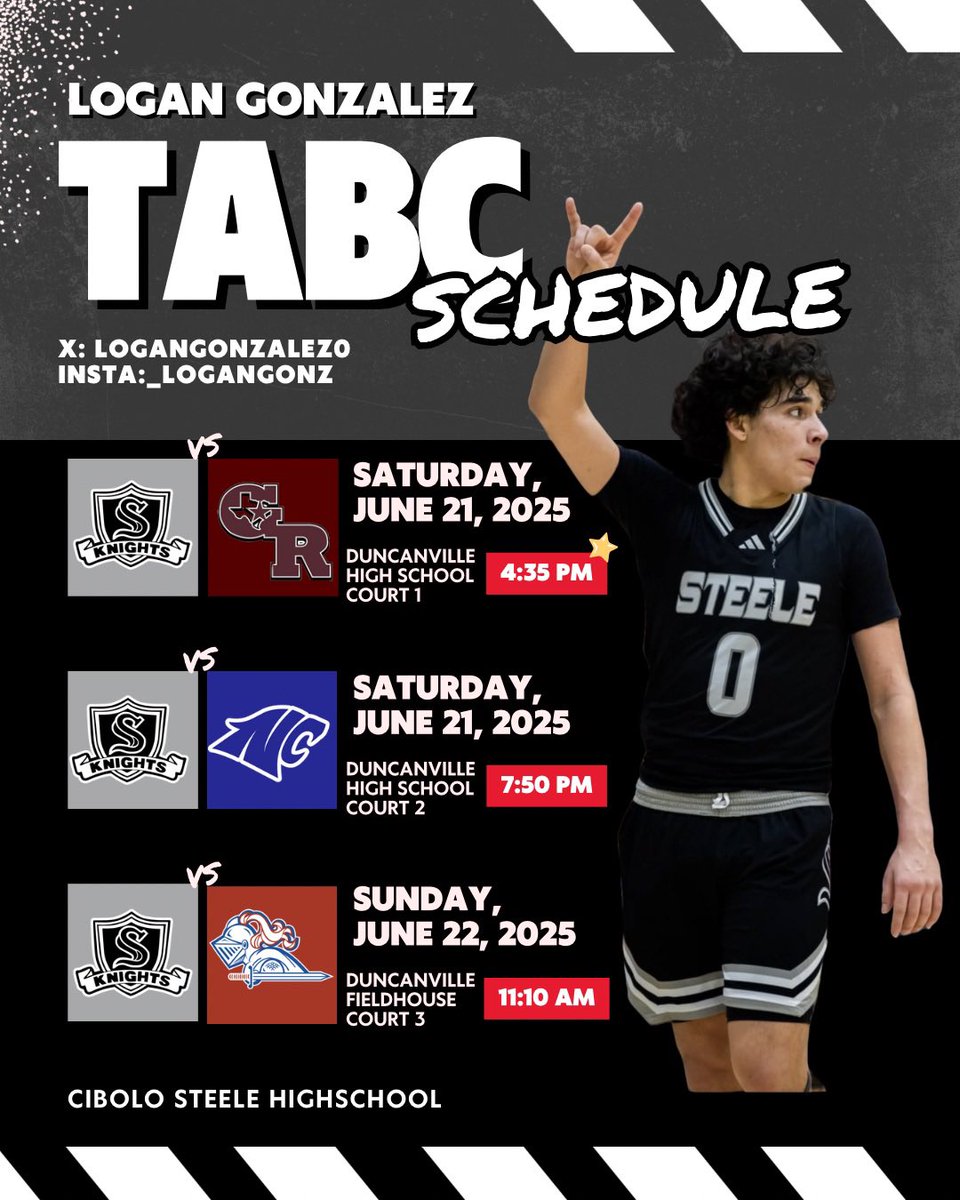 Logan Gonzalez (@logangonzalez0) on Twitter photo *REPOST*
🚨COACHES🚨
My 2025 TABC Schedule
Logan Gonzalez // 6’4 SG // Cibolo Steele High School
<a href="/SteeleHoops/">Steele Basketball</a> <a href="/UC_Exposure/">Russell "Coach V" Vanlandingham</a> @_Dlew_ <a href="/Coach_OG_/">Omar Gonzalez</a> <a href="/CoachJAustin_/">Jovan Austin</a> <a href="/DJohnson712/">Dylan Johnson</a> <a href="/Coach_ShunnB/">Shunn Buchanan</a> <a href="/CoachGlenney/">Ryan Glenney</a> <a href="/ZPrice3/">Zack Price</a> <a href="/CoachRueter/">Jacob Rueter</a> <a href="/kc_farrell/">Kevin Farrell</a> <a href="/CaleBrubaker11/">Cale Brubaker</a> <a href="/coachp_funk/">Peter Funk</a> <a href="/CoachMGinsberg/">Max Ginsberg</a> *REPOST*
🚨COACHES🚨
My 2025 TABC Schedule
Logan Gonzalez // 6’4 SG // Cibolo Steele High School
<a href="/SteeleHoops/">Steele Basketball</a> <a href="/UC_Exposure/">Russell "Coach V" Vanlandingham</a> @_Dlew_ <a href="/Coach_OG_/">Omar Gonzalez</a> <a href="/CoachJAustin_/">Jovan Austin</a> <a href="/DJohnson712/">Dylan Johnson</a> <a href="/Coach_ShunnB/">Shunn Buchanan</a> <a href="/CoachGlenney/">Ryan Glenney</a> <a href="/ZPrice3/">Zack Price</a> <a href="/CoachRueter/">Jacob Rueter</a> <a href="/kc_farrell/">Kevin Farrell</a> <a href="/CaleBrubaker11/">Cale Brubaker</a> <a href="/coachp_funk/">Peter Funk</a> <a href="/CoachMGinsberg/">Max Ginsberg</a>