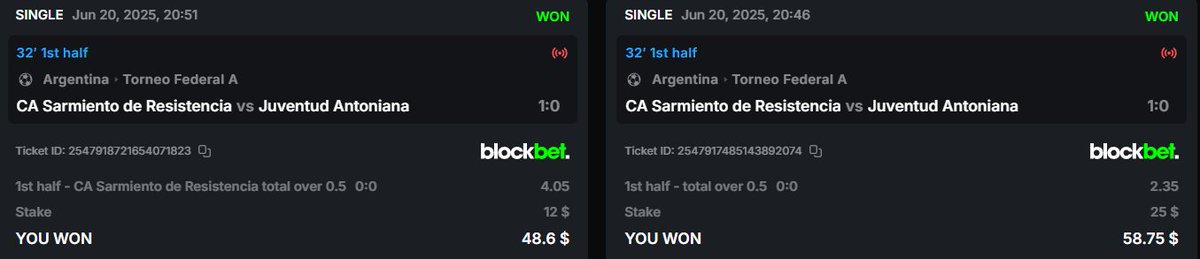 bemylastfollow's tweet image. 🟢🟢 DOUBLE WIN in 31&apos; — Argentina didn’t wait!
1st half over 0.5 ✅
CA Sarmiento vs Juventud ✅
🎯 Odds: 4.05 ✅ + 2.35 ✅
💸 Profit: $70.35 🟢
🕒 Goal in 31&apos; = clean sweep
This is what EDGE looks like.
#blockbet #edgebot #greenrun #sportsbetting