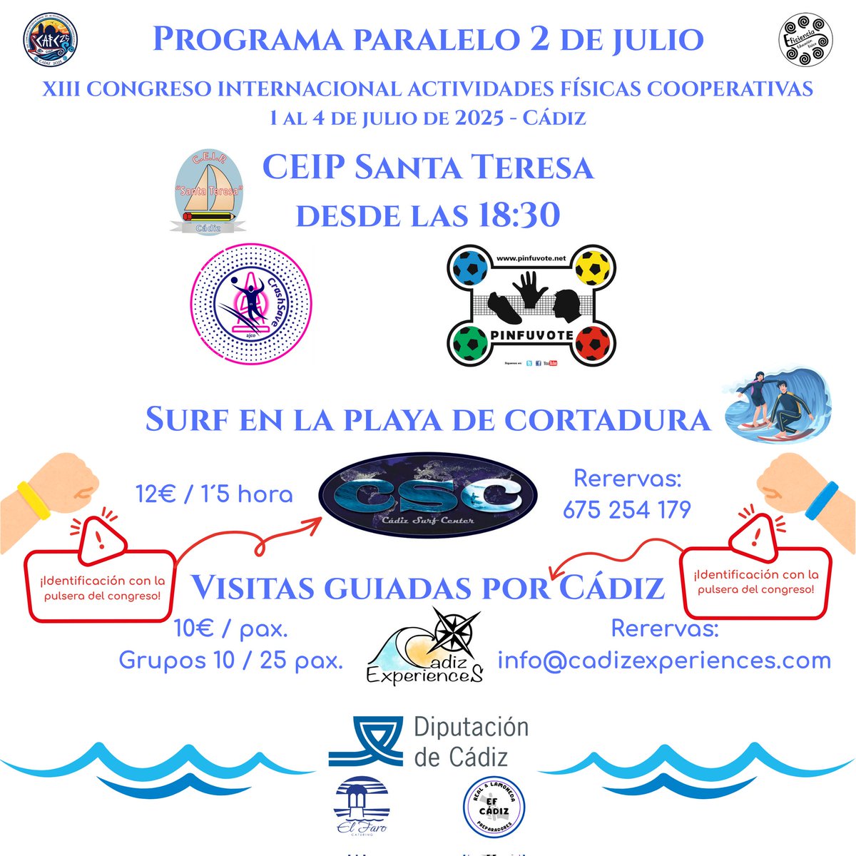 CAfc2025's tweet photo. Ya conoces el título de la yincana del @CAfc2025, y sus tallersitas y ponentes, pero quedaba por descubrir qué es eso del programa paralelo. Te lo ponemos fácil. ¿Qué te apetece hacer después de las comunicaciones? Deportes alternativos, surf, plogging, conocer Cádiz... ¡Anímate! https://t.co/prPLb3beJZ