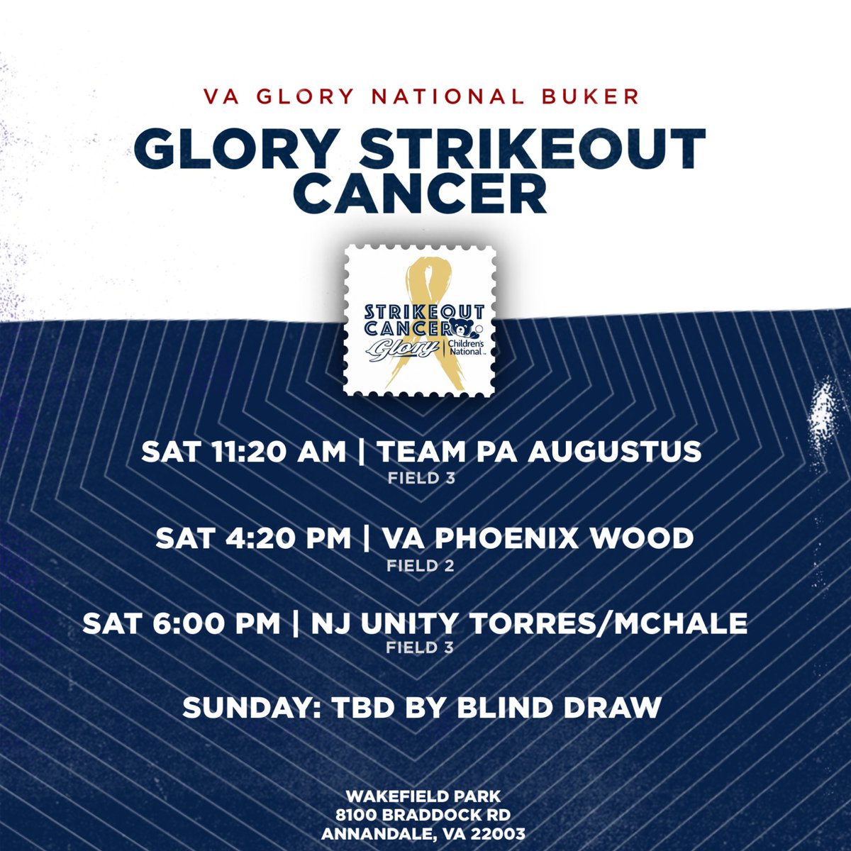 Excited to compete in the VA Glory Strikeout Cancer Tournament with
<a href="/VAGloryNational/">VA Glory National Buker 18U</a> ! Ready to play hard and support a great cause! Come watch us play! 

<a href="/GlorySOC/">Glory Strikeout Cancer Invitational</a> <a href="/MaxPreps/">MaxPreps</a> <a href="/CoastRecruits/">Coast 2 Coast Recruits</a> 

Schedule is below ⬇️ ⬇️⬇️