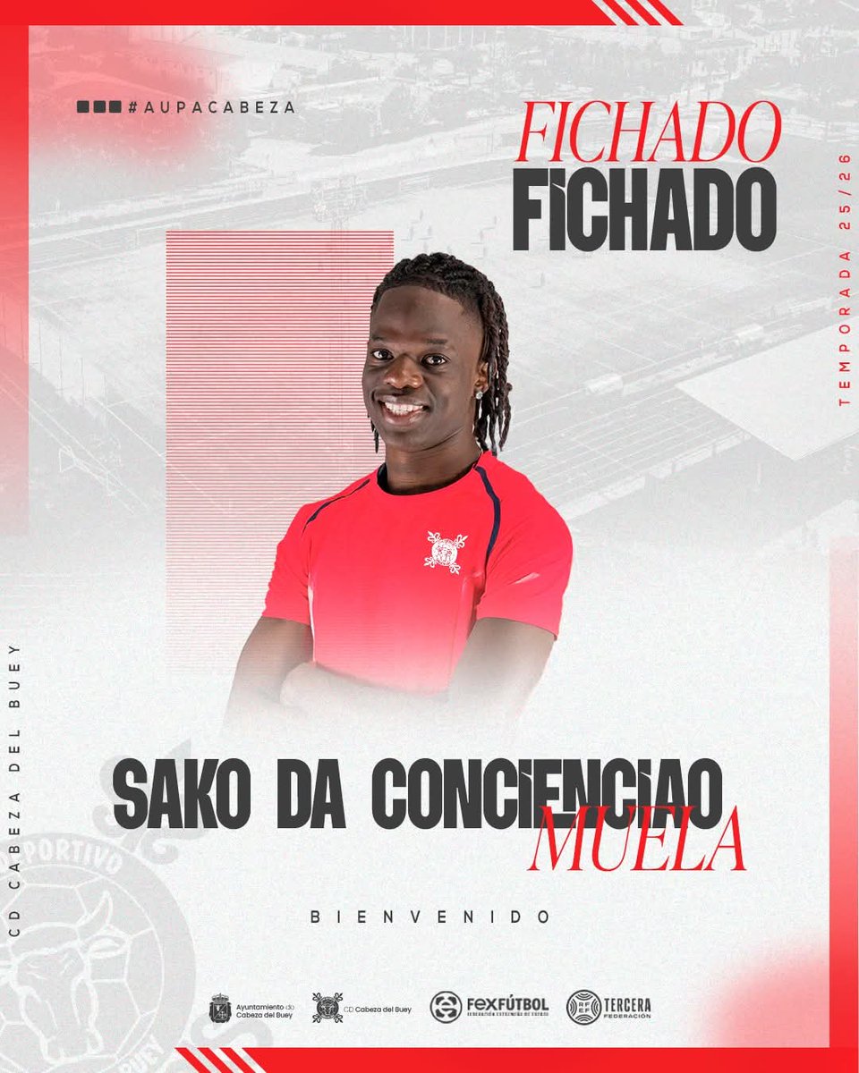 🔴 ¡BIENVENIDO, MUELA!

🗣️ <a href="/SakoMuela/">Sako Muela</a> se incorpora al Club Delantero referente en 1ªExt, da el salto a 3Rfef con la ambición por bandera.

⚽️ Fuerte, que se impone en el cuerpo a cuerpo y aprovecha los espacios con inteligencia y potencia.

¡BIENVENIDO A TU CASA!

#aupacabeza