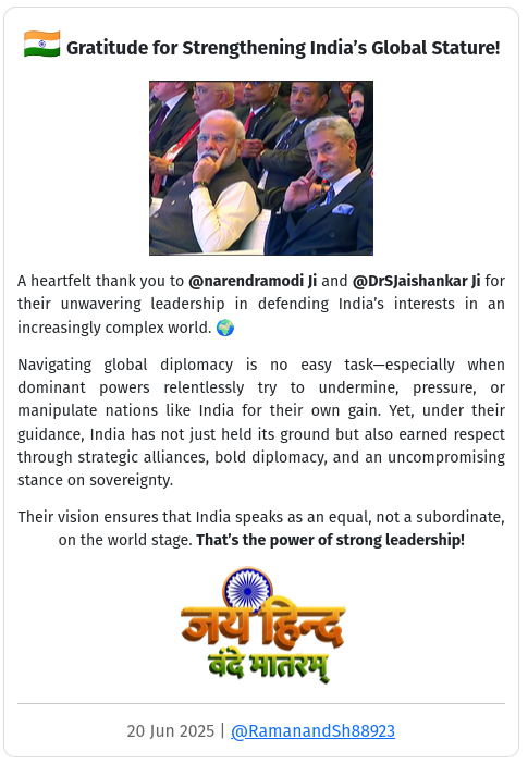RamanandSh88923's tweet image. @narendramodi @DrSJaishankar @Iyervval
@col_chaubey @DrSonuBhaskar @prinstaz
@VIKRAMPRATAPSIN

#StrategicIndia #AssertiveDiplomacy #ModiJi #JaishankarJi #BharatFirst

youtube.com/shorts/YKuSMii…