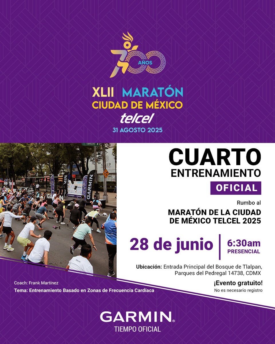 Cuarto entrenamiento presencial Rumbo al Maratón de la Ciudad de México Telcel 2025, únete a esta gran comunidad 🏁

🗓️ 28 de junio
🕡 6:30 horas
📍Entrada Bosque de Tlalpan, Parques del Pedregal, Tlalpan, 14738

#MaratónDeLaCiudadDeMéxicoTelcel2025 
#GarminTiempoOficial