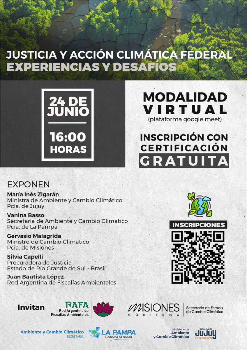 Justicia y Acción Climática Federal⚖️📑🌎⁣
⁣
🗓️24 de junio⁣ | 16 a 18hs⁣
💻Modalidad virtual⁣

Intercambio de experiencias junto a <a href="/ambientejujuy/">Ministerio de Ambiente y Cambio Climático de Jujuy</a>, <a href="/ambientelapampa/">Ambiente y Cambio Climático La Pampa</a>, <a href="/governo_rs/">Governo do Rio Grande do Sul</a> y la RAFA

ℹ️cambioclimatico.misiones.gob.ar/justicia-y-acc…

📝Libre y gratuito
forms.gle/i7aC8N6dBzFX8m…
¿Te sumás?