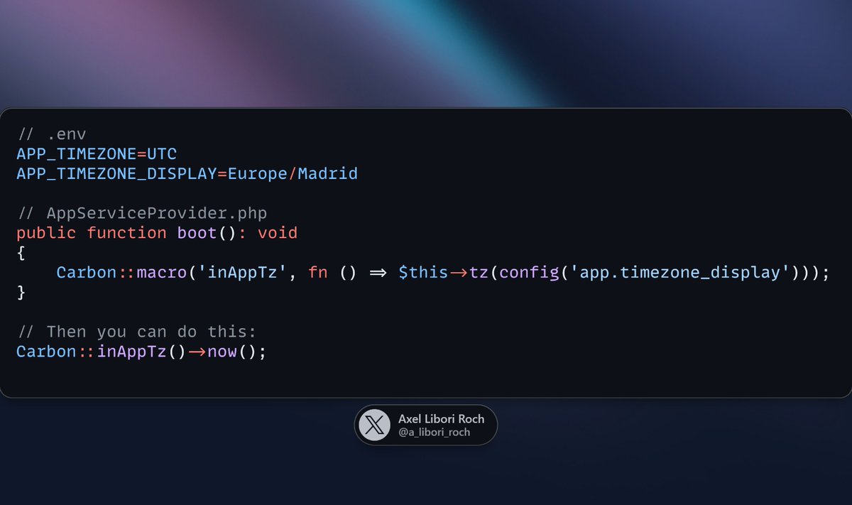 Axel Libori Roch 🐘 (@a_libori_roch) on Twitter photo 📌 Laravel tip:
Keep your app timezone and display timezone separate.
This idea is from the <a href="/benholmen/">Ben Holmen</a> <a href="/laravelnews/">Laravel News</a> YouTube channel: store everything in UTC, display it in your preferred local timezone.
Great for clarity and consistency!
#Laravel #PHP #Carbon 📌 Laravel tip:
Keep your app timezone and display timezone separate.
This idea is from the <a href="/benholmen/">Ben Holmen</a> <a href="/laravelnews/">Laravel News</a> YouTube channel: store everything in UTC, display it in your preferred local timezone.
Great for clarity and consistency!
#Laravel #PHP #Carbon