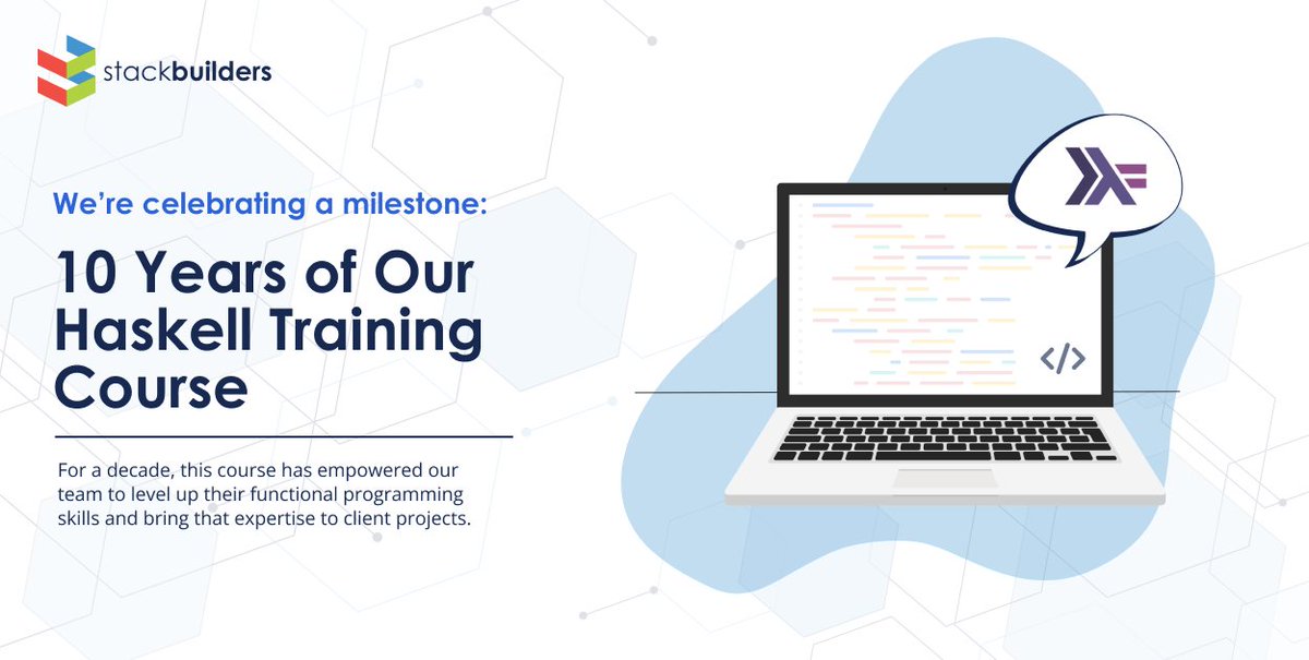 stackbuilders's tweet image. We're celebrating 10 years of our internal #Haskell training course at Stack Builders.
When we first launched this course, we set out to make learning and programming in Haskell pragmatic and impactful for our internal team. Check out the blog here: stackbuilders.com/insights/celeb…