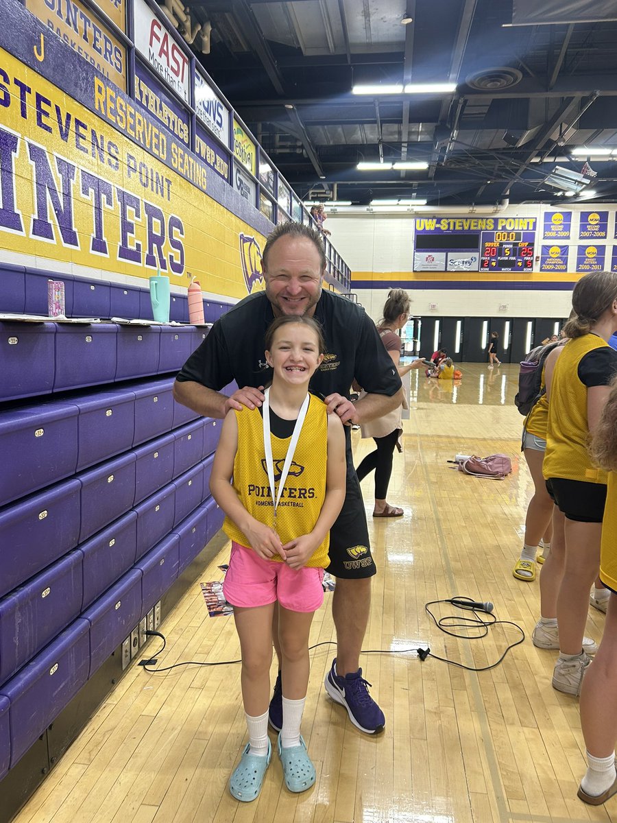 Appreciation post for <a href="/UWSPWBB/">UWSP W Basketball</a>  for taking care of my oldest for three days. She loves basketball because of all of you. Thanks to Coach Keira for pushing her. To <a href="/CoachEv_/">Ev Parsons</a> for a great farewell camp (we will miss you🫶). And to <a href="/CoachHockett/">Matt Hockett</a> for ALWAYS bringing the JUICE 💜💛