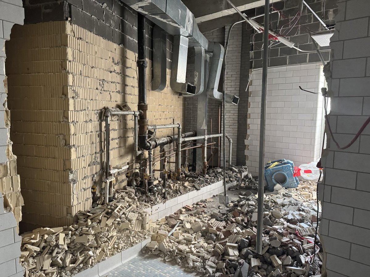 FeehanPres's tweet photo. So this is happening… first day of summer break and the walls are already down for our bathroom gut and rebuild in the auditorium and cafeteria hallways. #GoShamrocks! #everbetter https://t.co/CaN8fMT8Ds