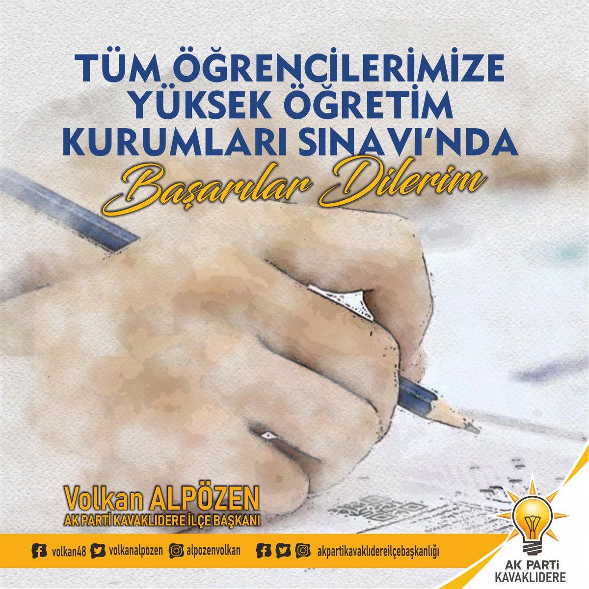 Ak Parti Kavaklıdere 🇹🇷 (@akkavaklidere) on Twitter photo Yarın ve Pazar günü YKS’ye girecek üniversite öğrencisi adayı tüm genç kardeşlerime yürekten başarılar diliyorum.
Sınavın sevgili gençlerimiz ve aileleri için hayırlara vesile olmasını temenni ediyorum.
<a href="/volkanalpozen/">Volkan Alpözen</a>
Ak Parti Kavaklıdere İlçe Başkanı Yarın ve Pazar günü YKS’ye girecek üniversite öğrencisi adayı tüm genç kardeşlerime yürekten başarılar diliyorum.
Sınavın sevgili gençlerimiz ve aileleri için hayırlara vesile olmasını temenni ediyorum.
<a href="/volkanalpozen/">Volkan Alpözen</a>
Ak Parti Kavaklıdere İlçe Başkanı