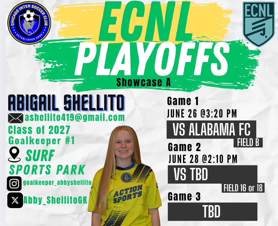 Abigail Shellito ‘27 (@abby_shellitogk) on Twitter photo Headed to San Diego next week for the <a href="/ECNLgirls/">ECNL Girls</a> national playoffs! I will update my schedule as the week goes on! Hope to see you there!
<a href="/chiINTER/">Chicago Inter SC</a> <a href="/Chiinter09ECNL/">Chicago Inter 09 ECNL</a> <a href="/PrepSoccer/">Prep Soccer ⚽️</a> <a href="/TheSoccerWire/">SoccerWire</a> <a href="/ImYouthSoccer/">ECNL/GA/Recruiting/College Soccer</a> <a href="/TheECNL/">The ECNL</a> Headed to San Diego next week for the <a href="/ECNLgirls/">ECNL Girls</a> national playoffs! I will update my schedule as the week goes on! Hope to see you there!
<a href="/chiINTER/">Chicago Inter SC</a> <a href="/Chiinter09ECNL/">Chicago Inter 09 ECNL</a> <a href="/PrepSoccer/">Prep Soccer ⚽️</a> <a href="/TheSoccerWire/">SoccerWire</a> <a href="/ImYouthSoccer/">ECNL/GA/Recruiting/College Soccer</a> <a href="/TheECNL/">The ECNL</a>