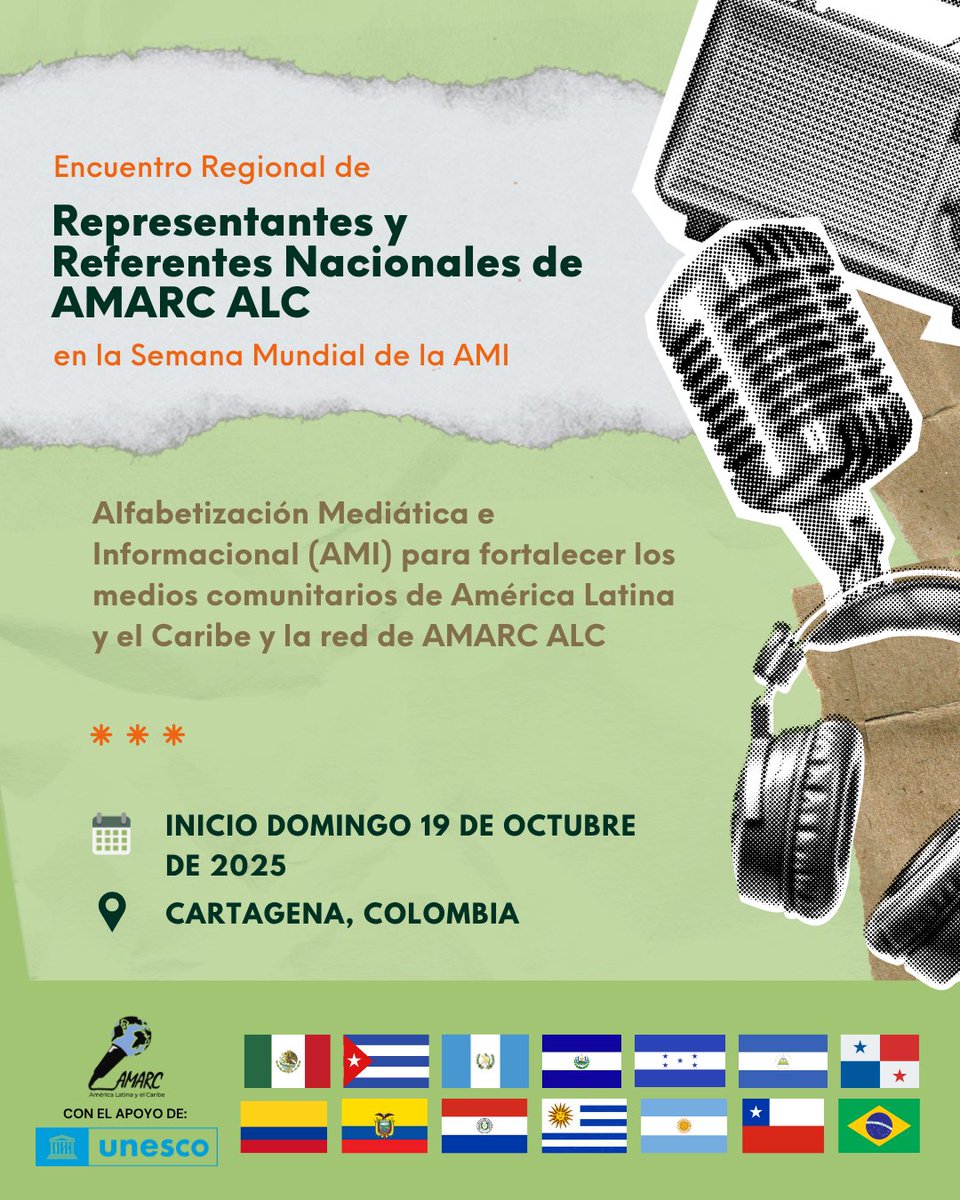 AMARC ALC (@amarcalc) on Twitter photo 🔵Como socios oficiales de la <a href="/UNESCO_es/">UNESCO en español 🏛️#Educación #Ciencia #Cultura</a>, nuestro Encuentro Regional de Representantes y Referentes Nacionales se llevará a cabo dentro de las actividades de la Semana Mundial de la Alfabetización Mediática e Informacional (AMI) en Cartagena 🇨🇴
¡Nos fortalecemos! 💪🏼 🔵Como socios oficiales de la <a href="/UNESCO_es/">UNESCO en español 🏛️#Educación #Ciencia #Cultura</a>, nuestro Encuentro Regional de Representantes y Referentes Nacionales se llevará a cabo dentro de las actividades de la Semana Mundial de la Alfabetización Mediática e Informacional (AMI) en Cartagena 🇨🇴
¡Nos fortalecemos! 💪🏼