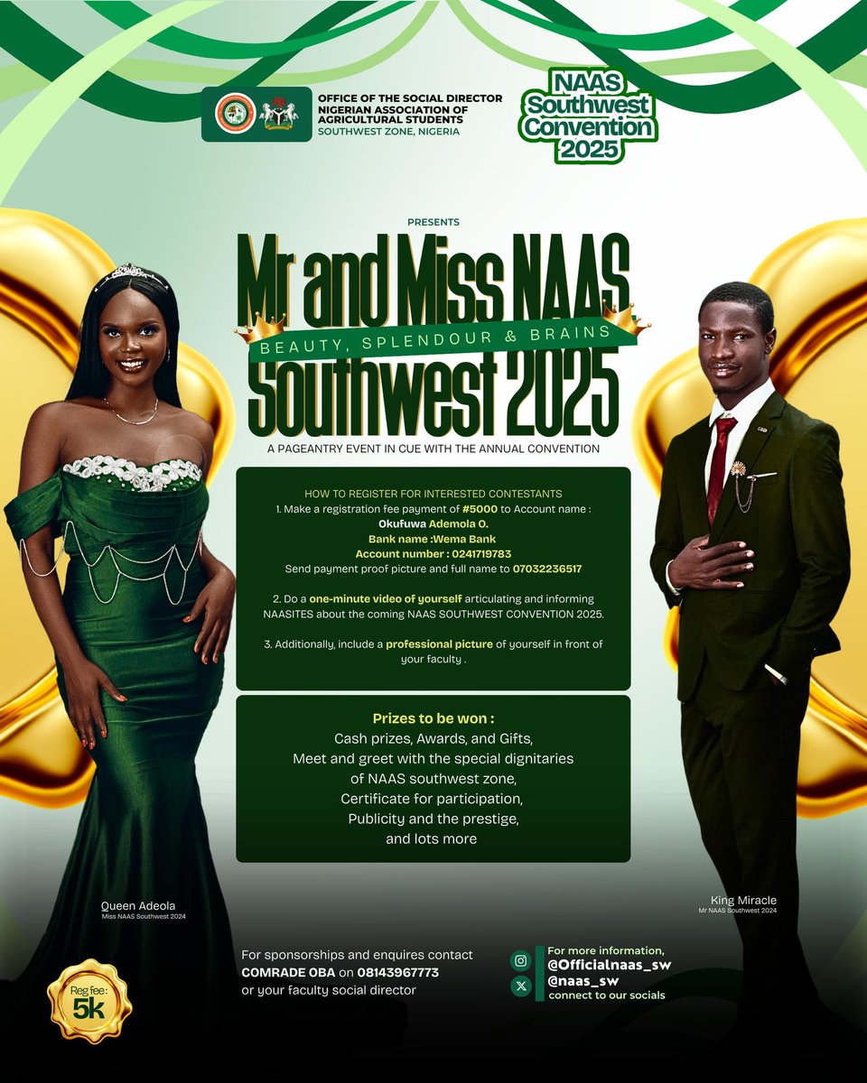 NIGERIAN ASSOCIATION OF AGRICULTURAL STUDENTS SOUTHWEST ZONE 🌱 

MR&amp;MISS NAAS SOUTHWEST 🌟⚡...
A PAGEANTRY EVENT IN CUE WITH THE ANNUAL CONVENTION ....

it's gonna be massive 📌♂️
Stay tuned.
instagram.com/p/DLIkExrtg0S/…

Announcing:
Comr. PSAM 
Naas southwest DOP