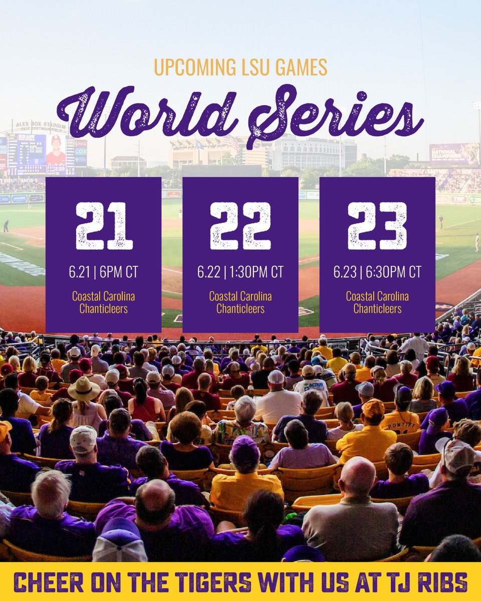 Purple and Gold, unite! The LSU Tigers are in the College World Series, and TJ Ribs is your game-day headquarters. Stop by for great food and catch all the action, and let's help the boys bring the championship home! 

#TJRibs #LSU #LSUBaseball #CollegeWorldSeries #BatonRouge