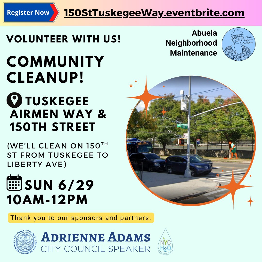 Our partners at Abuela Neighborhood Maintenance are having another great cleanup in Queens!

Help keep your community clean this summer by signing up here: 150StTuskegeeWay.eventbrite.com