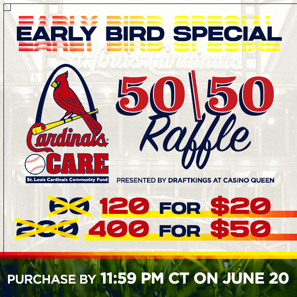 CardinalsCare's tweet image. Buy your Cardinals Care 50/50 Raffle tickets at cardinals.com/5050 before midnight tonight and get double the tickets!