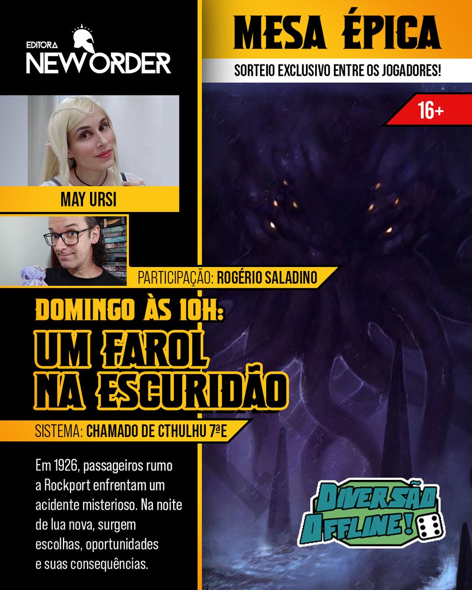 Vai no Doff? Então, bora jogar #RPG Eu e Rogério Saladino te esperamos lá no estande da <a href="/EditoraNewOrder/">New Order Editora</a> Narro Chamado de Cthulhu 7e esse domingo (22) às 10h. Inscrição no local, a partir do início do evento 🎲