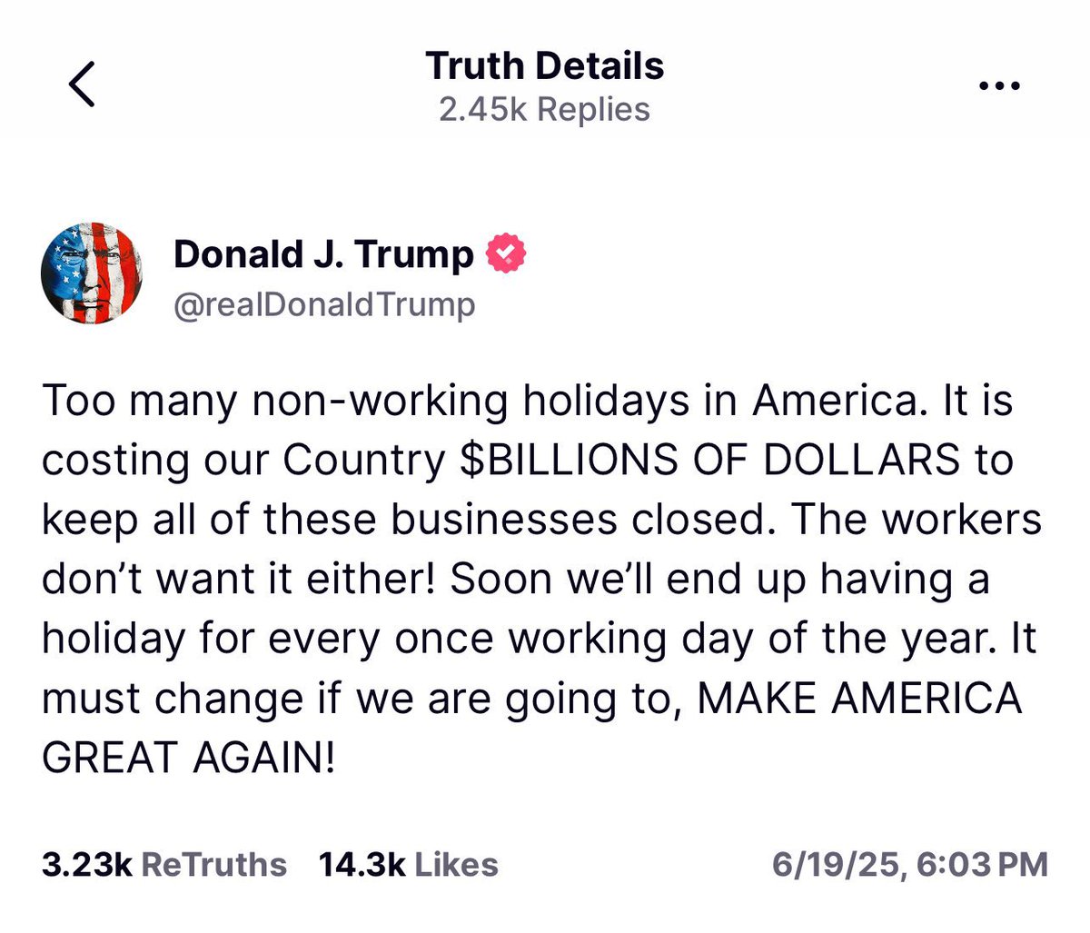 来到美国后，我才发现，假期原来可以这么少，可能我兼职的公司是这样吧，也许大多公司还是很多假期的！

后来，我还没找到很多假期的公司，总统先生却说：too many non-working holidays s in America…

我想问，他是表达政府部门假期太多了吗？