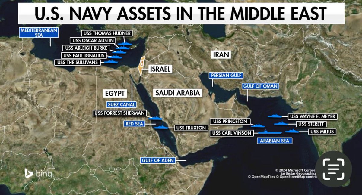 Fox News report: The US military now has five warships in the eastern Mediterranean that are helping to intercept missile attacks from Iran. 

Earlier this week, there was only one US warship in the eastern Mediterranean.