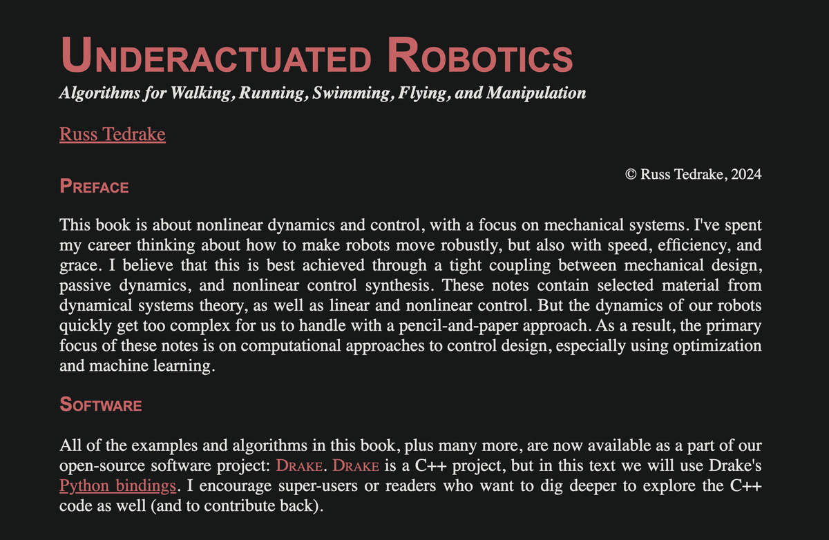 alfcnz's tweet image. «Underactuated Robotics» by @RussTedrake
Non-linear dynamics + control + optimisation + machine learning, with real robot focus. 🤖🦾🦿
Publicly annotatable textbook + Deepnote notebook using Python bindings for @ToyotaResearch's Drake open-source C++ lib.
underactuated.csail.mit.edu