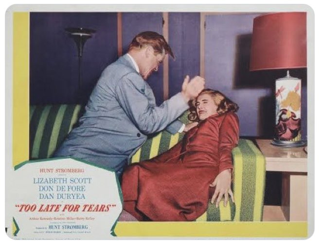 Should a satchel of loot literally fly into your convertible as you motor along Mulholland Dr., be more cautious than was Jane Palmer (Lizabeth Scott) in "Too Late for Tears" (1949). Surely the satchel's owner will come looking for it, and things may get ... awkward. #filmnoir