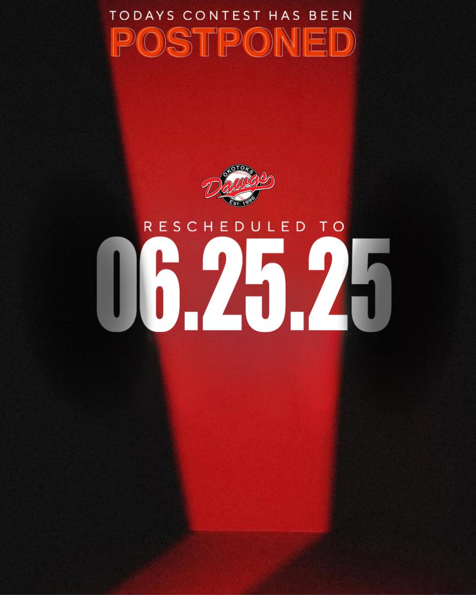 Unfortunately, tonight's contest against the Brooks Bombers has been postponed to Wednesday, June 25th, due to the predicted weather conditions in Okotoks tonight. But don't worry Dawgs Fans! All tickets for tonight will be transferred to the makeup date with no hassle to you!