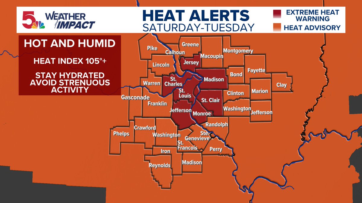 Extreme Heat Warning has been issued for the #STL metro area
Heat advisories for the rest of our area
From Noon Saturday through 9 p.m. TUE
Drink lots of water! Spend time in a/c or go somewhere cool for a few hours
Don't forget your pets and check on your neighbors!
#stlwx