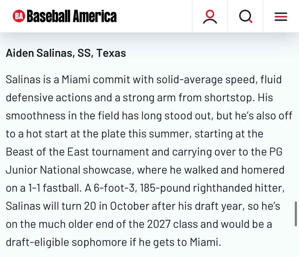 <a href="/BenBadler/">Ben Badler</a> Thbak you! <a href="/32JonnyA/">Jonathan Anderson</a> <a href="/CanesBaseball/">Miami Hurricanes Baseball</a> <a href="/JDArteaga33/">J.D. Arteaga</a> <a href="/USAPrimeNat/">USA Prime National Program</a>