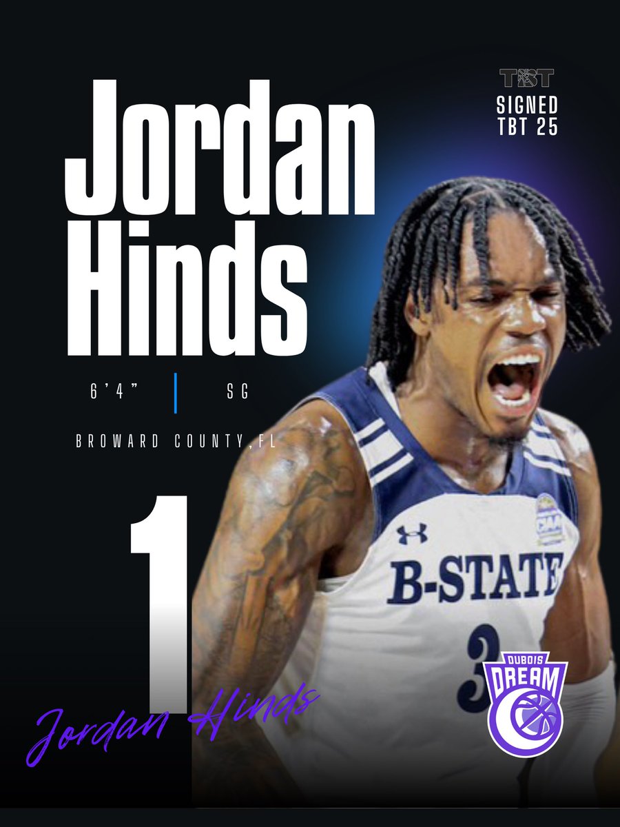 DREAM ADD PLAYER OF THE YEAR FOR TBT 2025 🏆🏀💜

Please welcome CIAA &amp; HBCU Player of the Year <a href="/Jordanhindss/">JH</a> to the Dream for TBT 2025! Come watch Jordan &amp; the Dream compete in the Charleston, WV Regional of <a href="/thetournament/">TBT</a> beginning July 18th! Welcome to the Dream Jordan 💪🏀💜